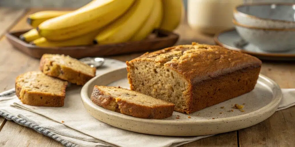 Moist blender banana bread slice on rustic plate with whole loaf and ripe bananas