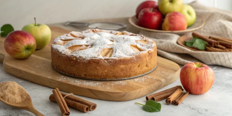 Moist homemade apple cake recipe with cinnamon and powdered sugar on a rustic wooden board