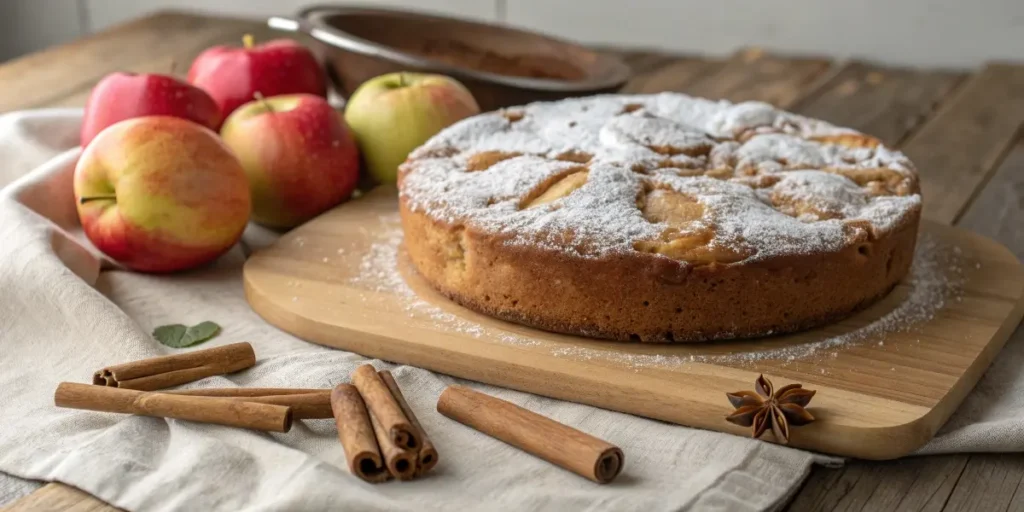 Slice of apple cake recipe with cinnamon sticks and fresh apples on a vintage plate