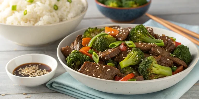 Beef and broccoli stir fry recipe with tender beef slices and bright green broccoli in savory sauce