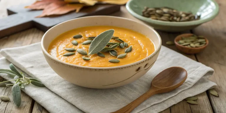 Close-up image of vegan butternut squash soup served with a drizzle of coconut milk and sprinkled with cinnamon and nutmeg.