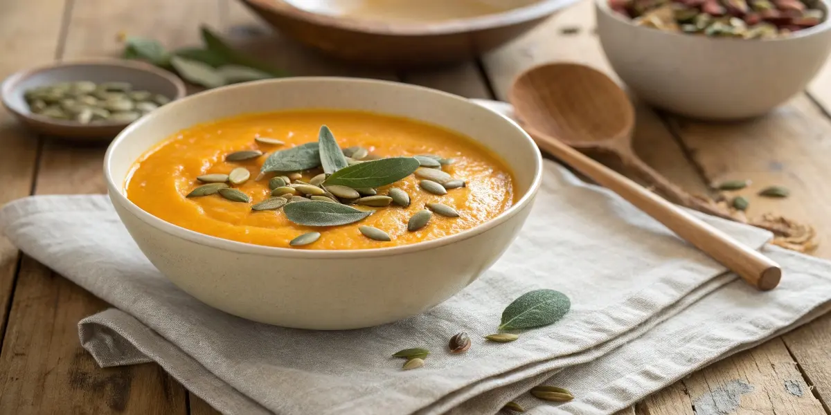 Top-down photo of a bowl of butternut squash soup alongside toasted artisan bread and a wooden spoon on a linen tablecloth.