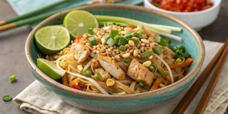 Authentic chicken pad thai recipe with noodles, chicken, peanuts, and fresh lime on a rustic plate
