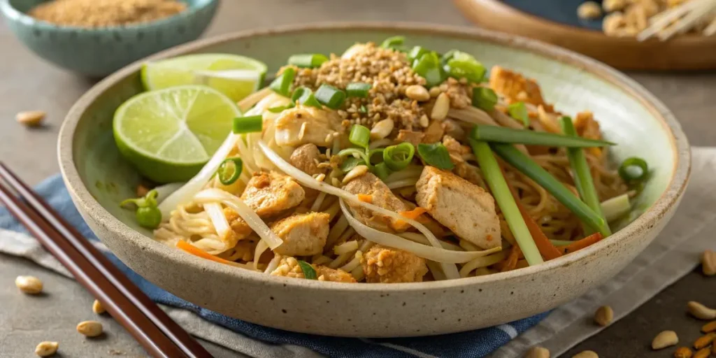 Close-up of chicken pad thai recipe featuring sautéed chicken, rice noodles, bean sprouts, and green onions.
