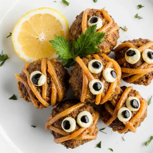 Halloween Mummy Meatballs Recipe: Fun And Easy Spooky Appetizer 2 "Final plated Halloween mummy meatballs recipe with natural golden texture"