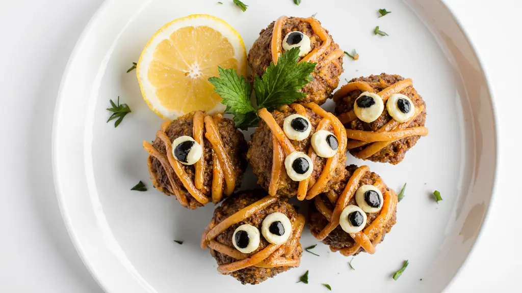 Final plated Halloween mummy meatballs recipe with natural golden texture