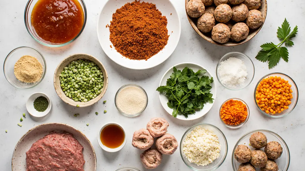 Fresh ingredients for homemade Halloween mummy meatballs recipe neatly arranged on white background