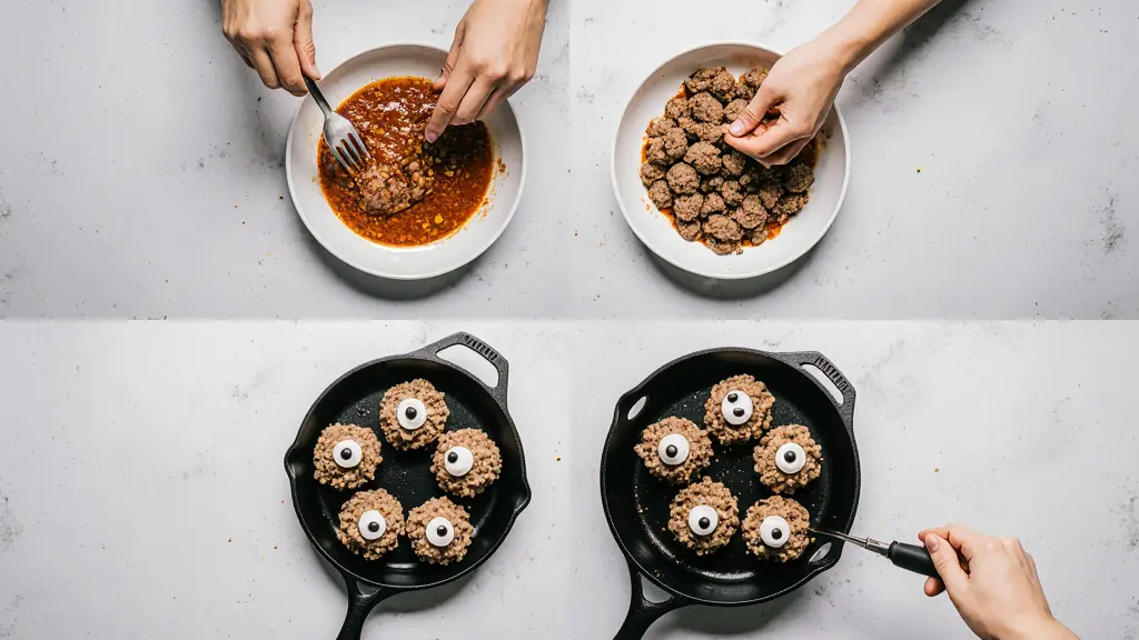 Step-by-step preparation process for Halloween mummy meatballs recipe shown naturally