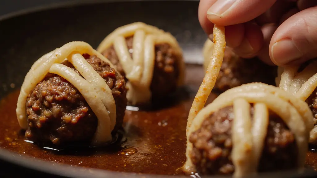 Close-up view of Halloween mummy meatballs recipe cooking technique with golden crust forming
